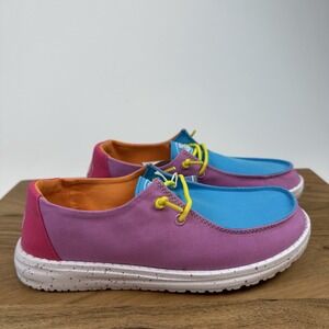 New Big Kids Hey Dude Wendy Slub Canvas Color Block Slip On Shoes Loafers 5‎ Y
